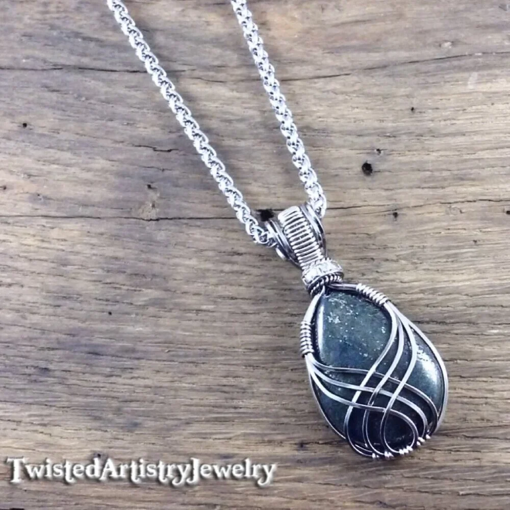 Blue Jasper Lotus Wire Wrapped Pendant Necklace - Picture 1 of 4
